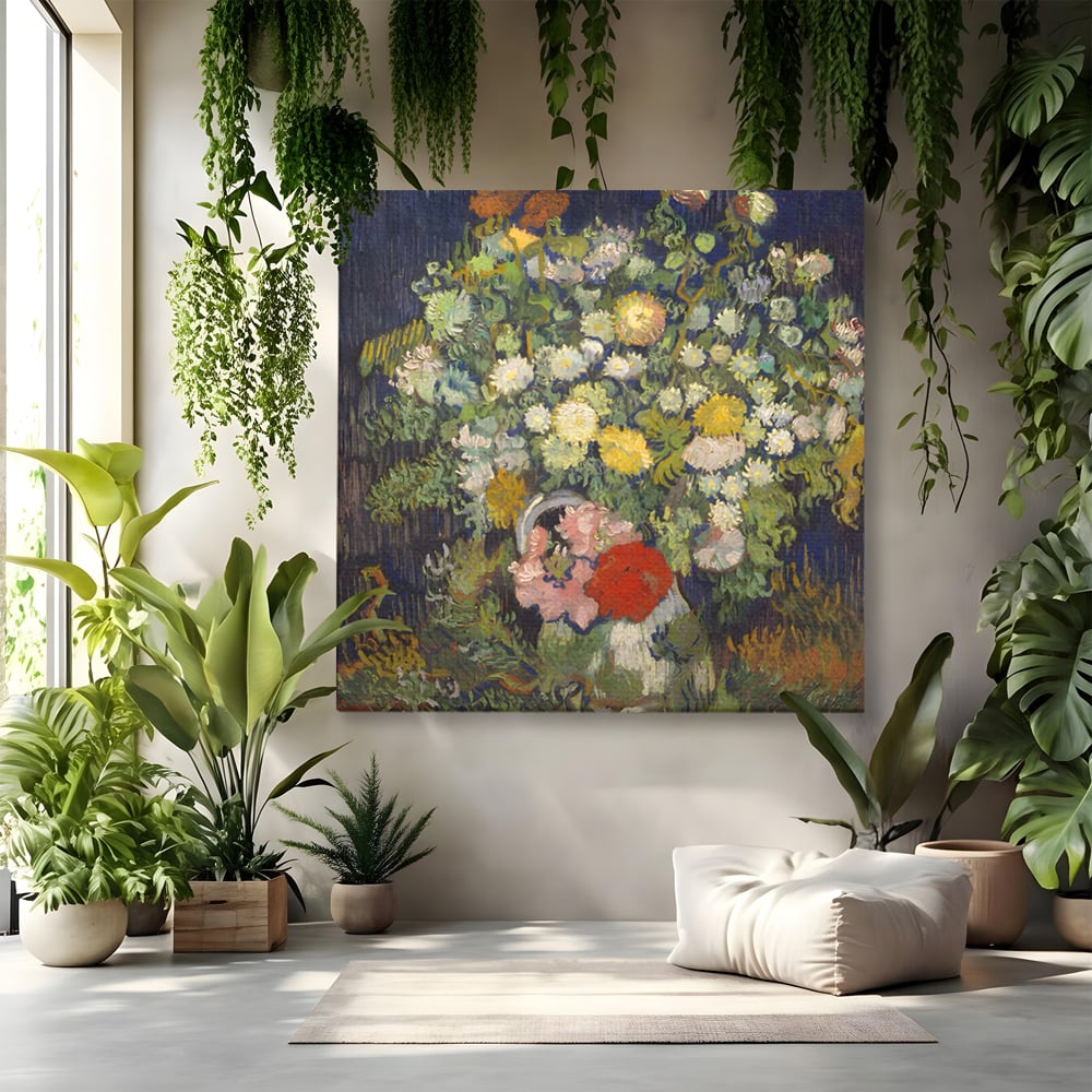 Tablou canvas cu reproducere pictura cu buchet de flori, fara rama, pe sasiu de lemn